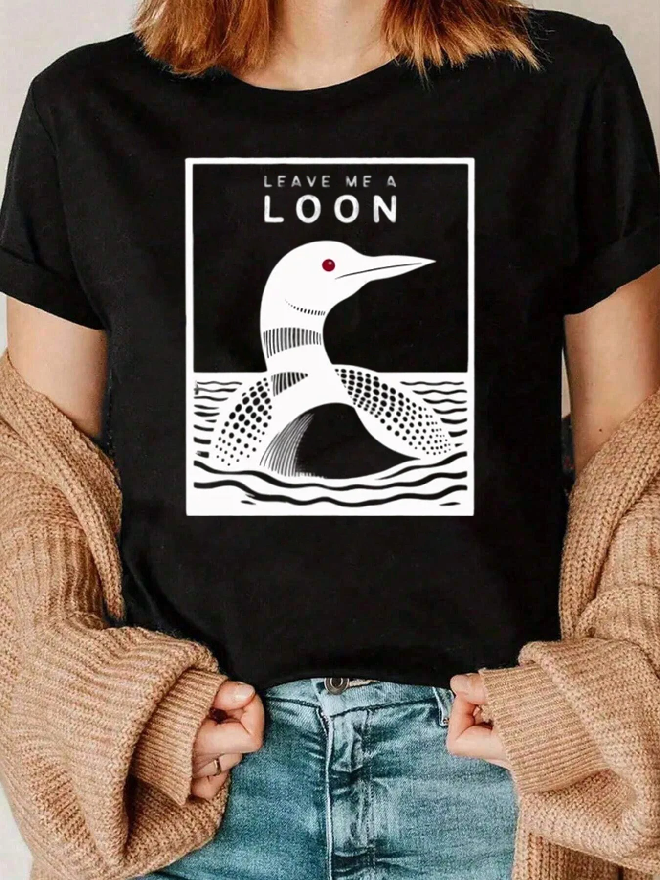 Loon Bird 그래픽 프린트 티셔츠 여성용 캐주얼웨어 220g