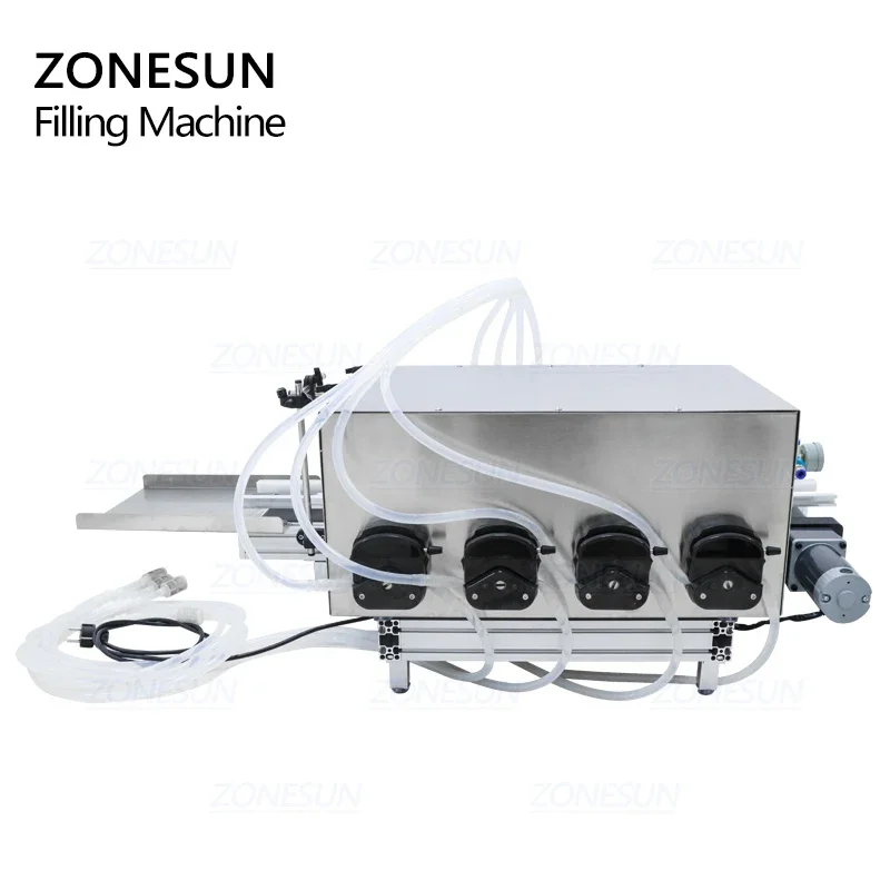 ZONESUN ZS-DTPP4B Desktop Automatic 4 Heads Peristaltic Pump Liquid Filling Machine With Conveyor For Perfume Water Filler