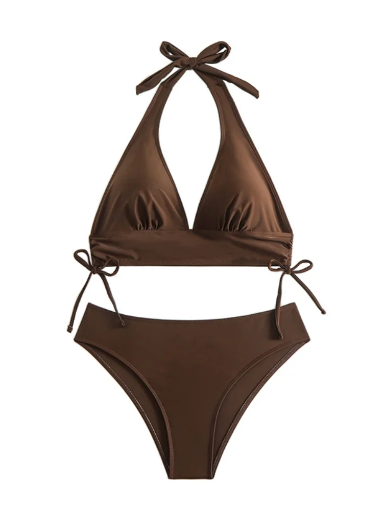 Bikini para mujer, traje de baño 2025, nuevo conjunto de Bikinis lisos con cuello Halter y cuello en V, traje de baño Sexy de cintura alta, ropa de playa para verano, traje de baño para mujer