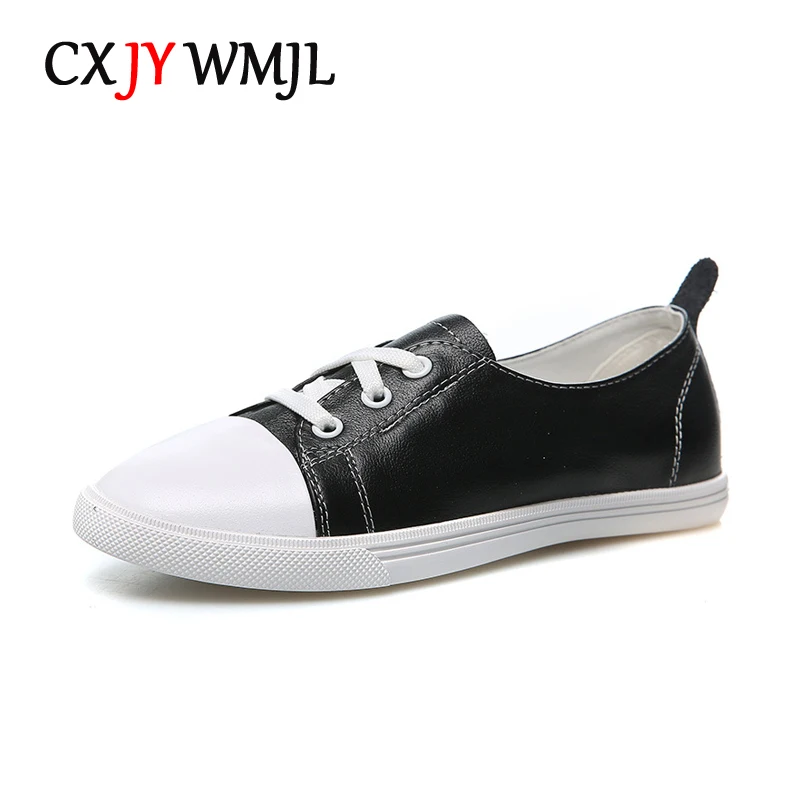 CXJYWMJL Genuine Leather Women Court Sneakers Plus Size Autumn Casual Vulcanized Shoes Ladies Sports White Skate Shoes Lace-up