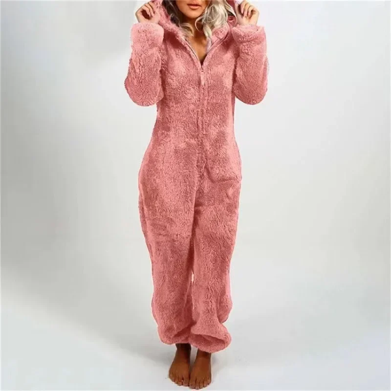 

Women's Plush Romper Autumn Winter Flannel Pajamas Long-Sleeve Zipper High Neck Hat Keep Warm Girl’s Clothes Sleepwear Homewear