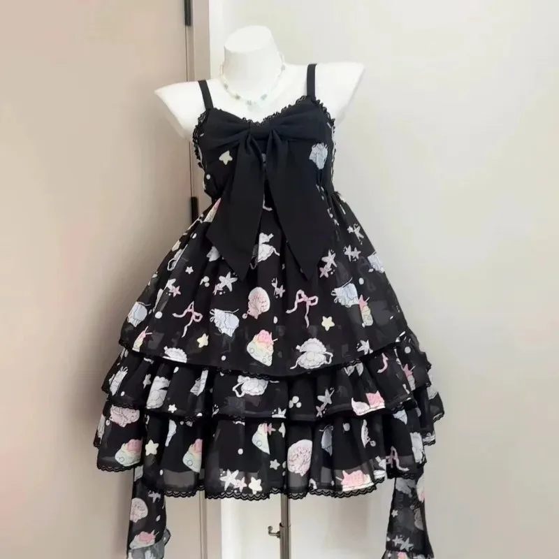 Summer Kawaii Sweet Japanese Lolita Mini Dress Y2K Vintage Off Shoulder Bow Jsk Cake Dress for Women Evening Party Lovely Outfit - view 4