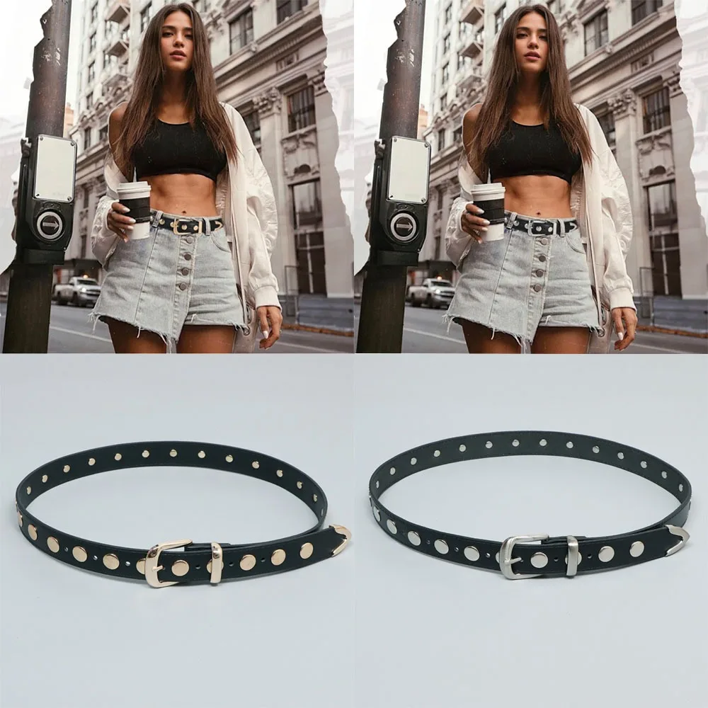 أزياء Y2k الشرير برشام أحزمة خمر عارضة بو الجلود حزام قابل للتعديل تنوعا حزام الجينز #5