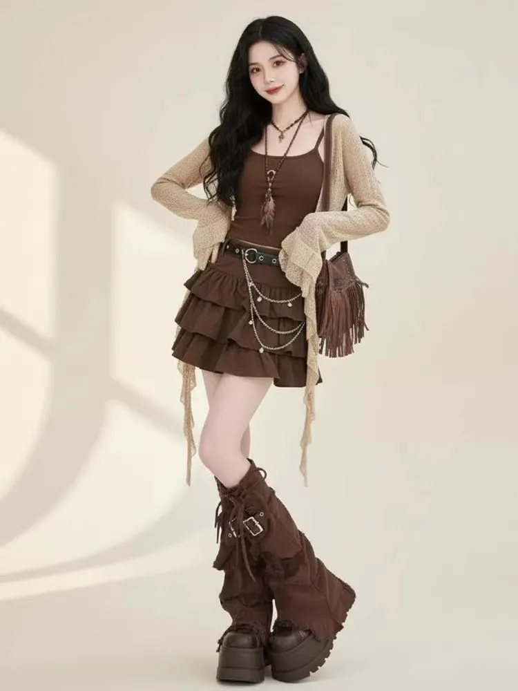 

Spring Knitted Set Women's Ele Base Layer Strap ort Skirt Tee-piece Set High Waist Long Sve round Ne Top Cardigan