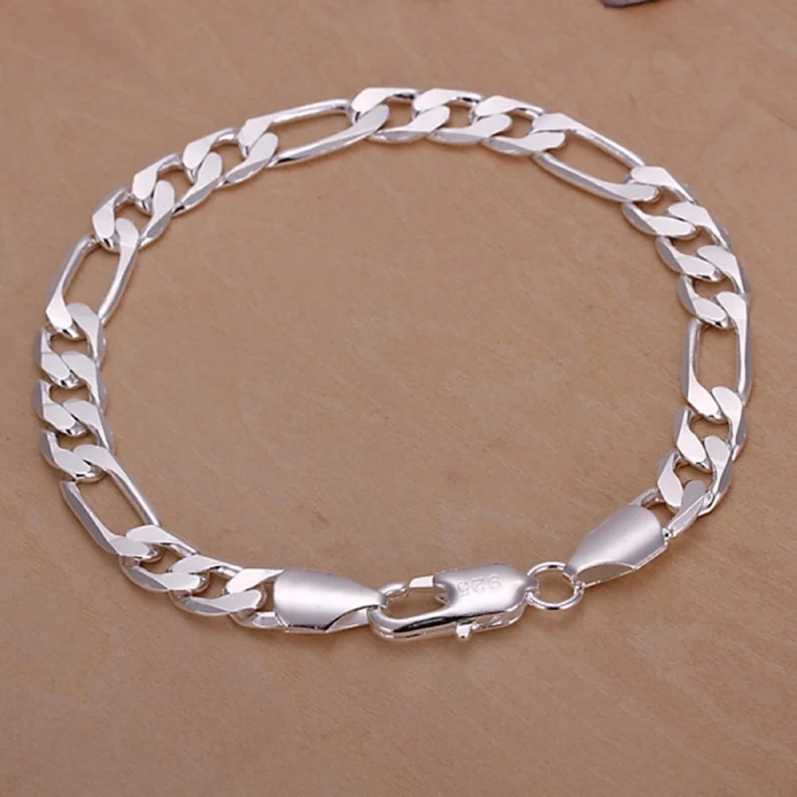 Fine 925 Sterling Silver bracelets 8mm Women Men chain wedding fashion top quality Silver Jewelry Figaro Bracelet 20cm
