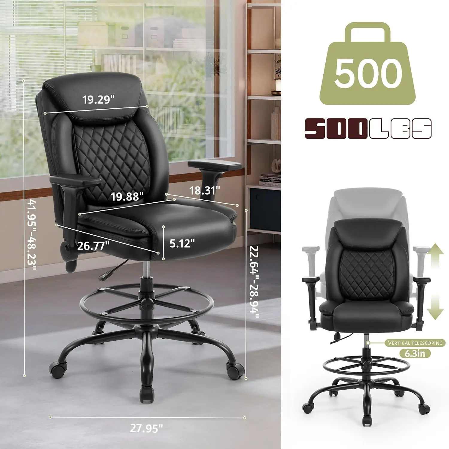 Drafting Chair Flip-up Armrests Adjustable Foot Ring Inflatable Lumbar Swivel PU Stool Counter Desk Drawing, Customized