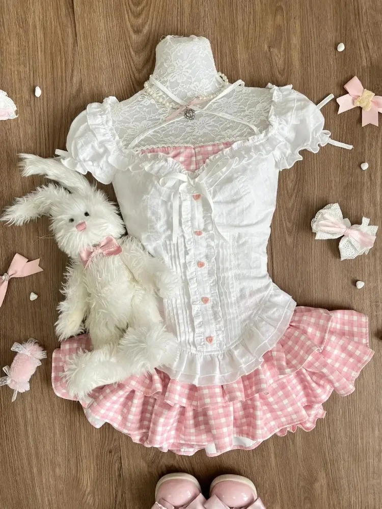 Summer Japanese Kawaii Lolita Elegant 2 Piece Sets Women Pink Y2k Bow Design Mini Skirt Suit Female Princess Sweet Chic Outfits - Image 6
