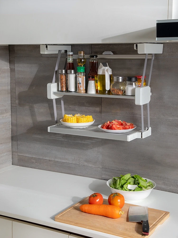 Kitchen Double-layer Pull-down Storage Rack, Hanging Cabinet, Folding Storage Rack, Dishes, Condiment Storage Rack