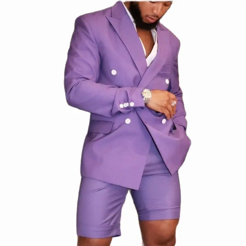 Latest Design Purple Men Suit Double Breasted Blazer Short Pants Style Groom Tuxedo Best Man Wedding Suits 2 Piece(Jacket+Pants)