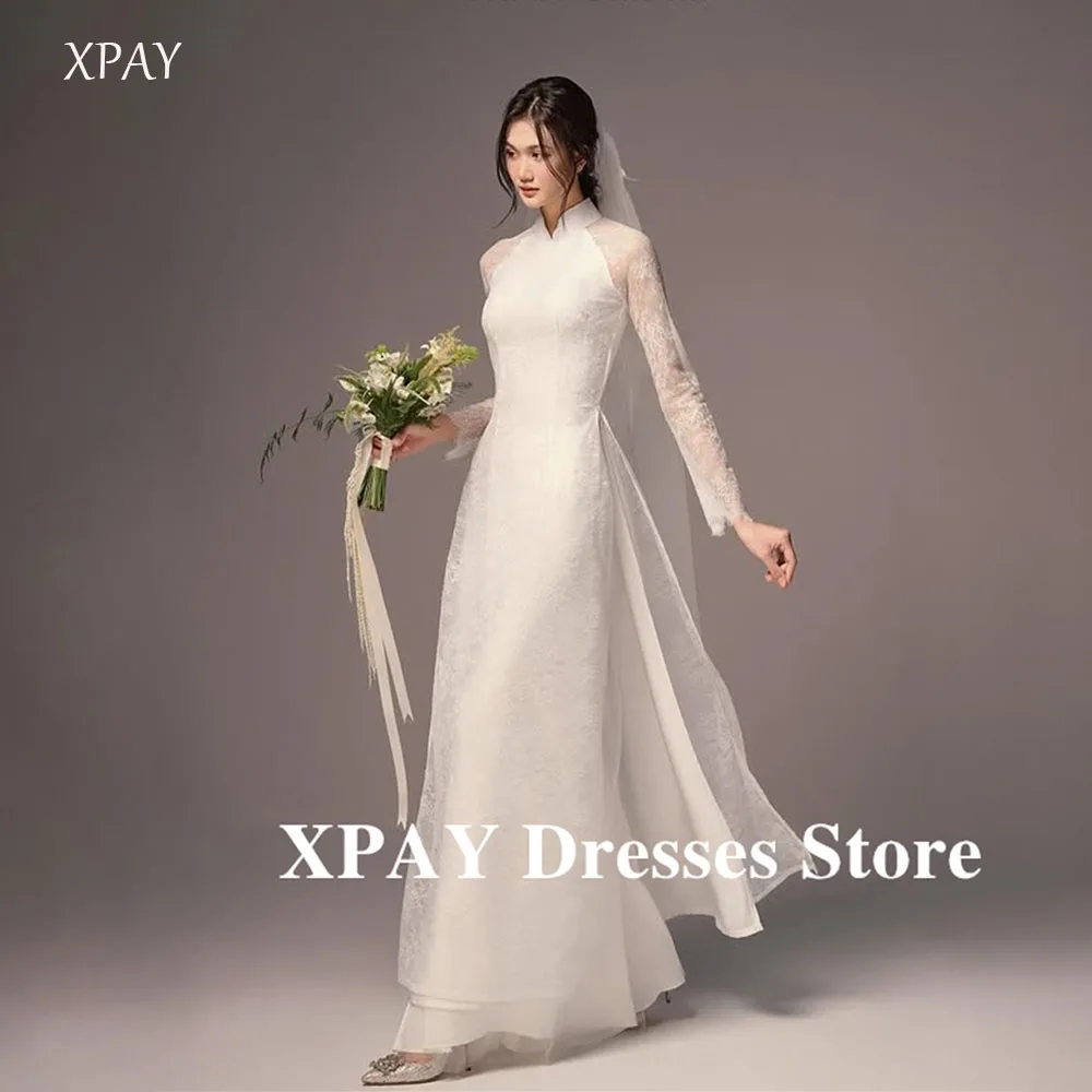

XPAY Lace long sleeves Wedding Dresses Korea Photoshoot Floor-Length Halter Zip Back Prom Gowns Customized 2025