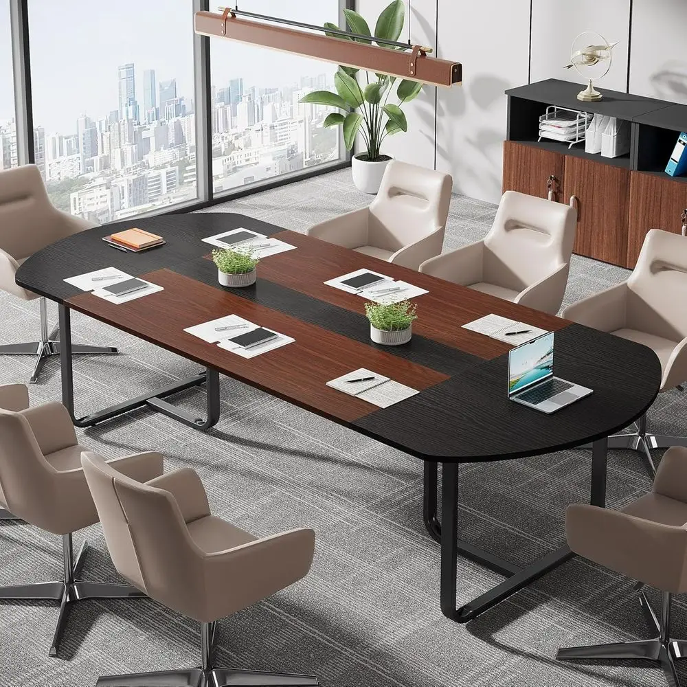 

Conference Table, Large Room Table, Modern Oval Shaped Meeting Table for Seminar, Office Meeting Walnut & Black