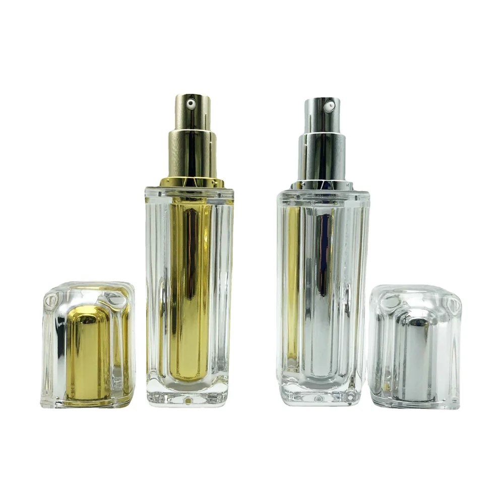 50ml&100ml capacity gold&silver color square shape acrylic material lotion bottle with alumite pump and cap