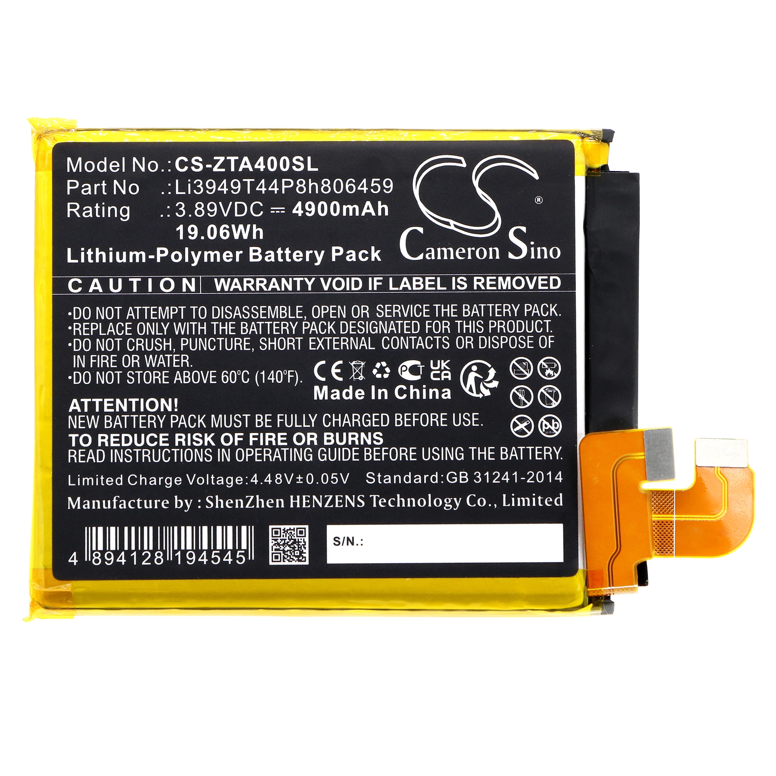 

Li-Polymer Mobile, SmartPhone Battery for ZTE,3.89v,4900mAh,Axon 40 Ultra Axon 40 Ultra 5G A2023P A2023PH,Li3949T44P8h806459