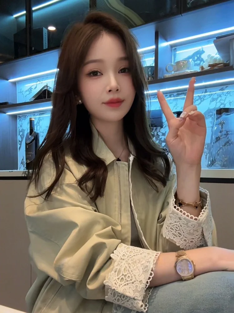 Korean Faion Design Lace Splicing Workwear Jaet Men Women Spring Autumn Barn Sle Vintage Collar Jaet Top