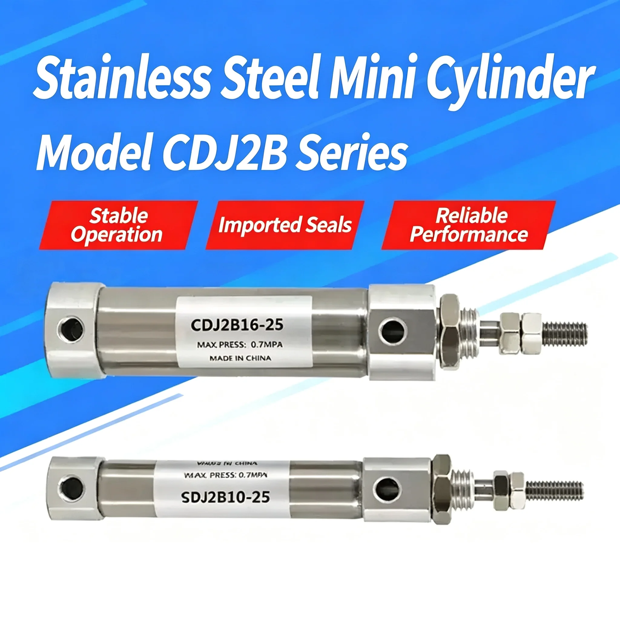 CDJ2B12 Double Acting Pneumatic Air Cylinder Mini Small Single Rod 10mm/12mm/16mm Bore 20mm/25mm/30mm 200mm Stroke CDJ2B Type