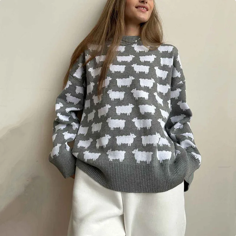 2024 New Fashion Autumn Winter Women Sweater Sheep Printed Long Sleeve Loose Sweater Tops