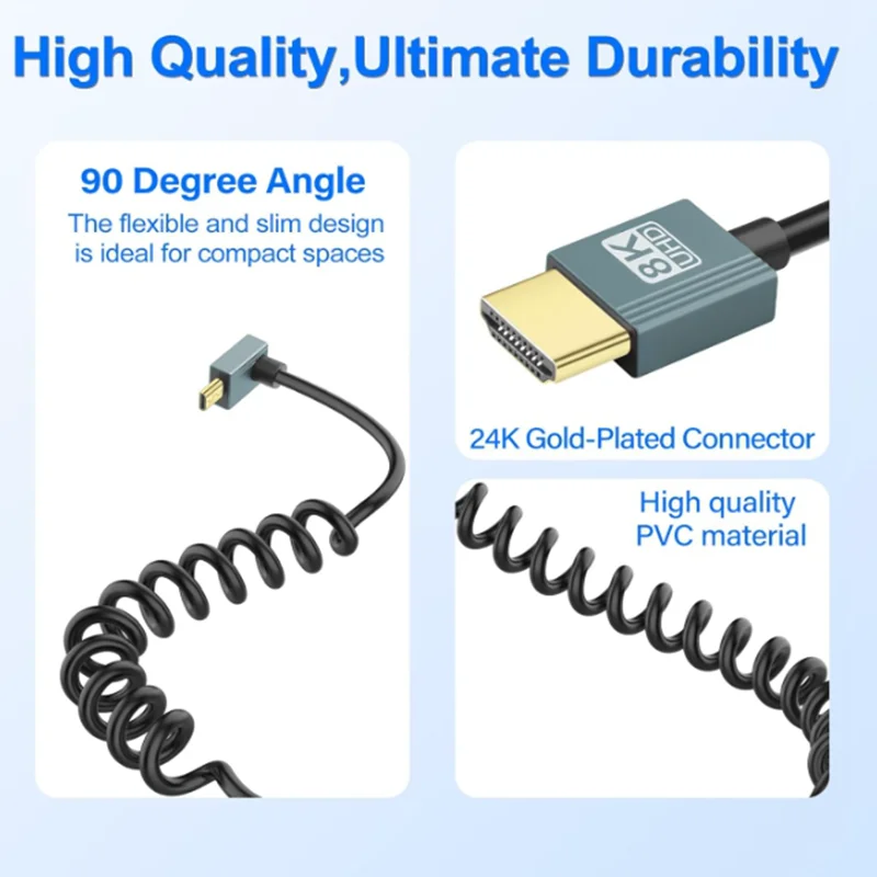 Kabel Micro HDMI do HDMI, zwijany, HDMI 2.1, 8K@60Hz, 48Gbps, do kamery/kamery wideo/HDTV/tabletu — zdjęcie produktu 6