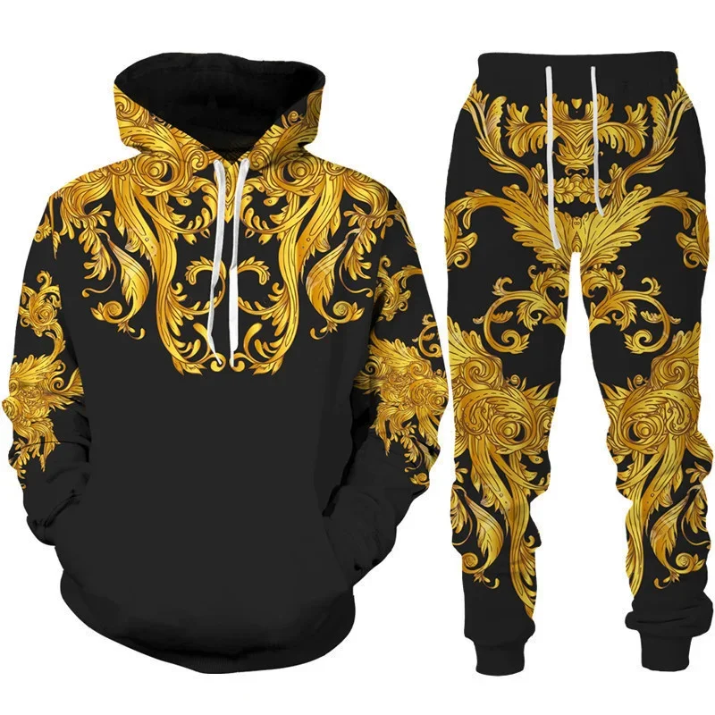 Baroque Court Style Hoodie/Suit Men\'s Luxury Golden Flower 3D Printed Sweatshirt&Trousers Set Fashion Unisex Streetwear Clothing