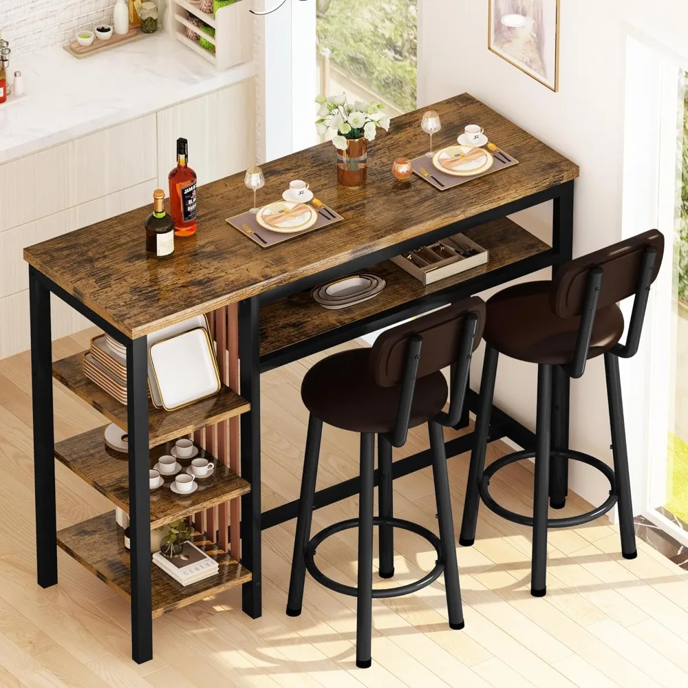 

3 Pieces Bar Table and Chairs Set, 47.2 Inch Counter Height Kitchen Pub Table with 4 Storage Shelves, Industrial Bar Table