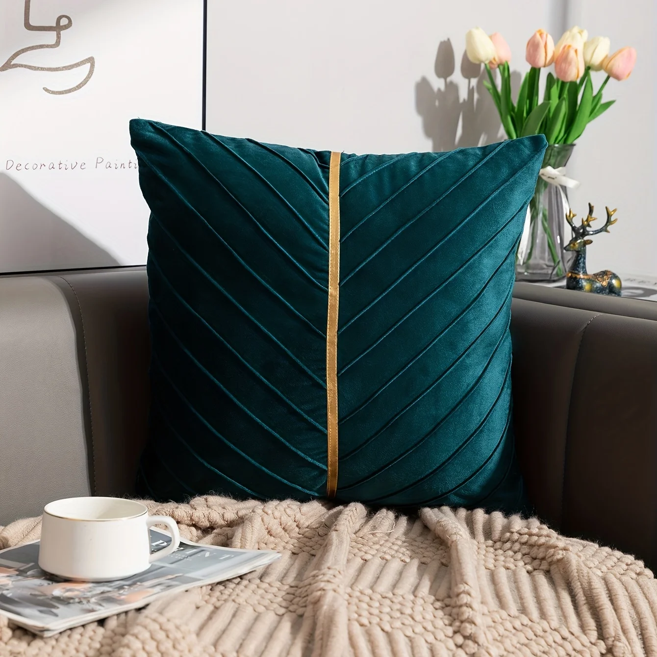 1pc, Golden Velvet Embossed Square Cushion Cover - Soft AndLuxurious Pillow for Home, Bedroom, Car, and Living Room Decor