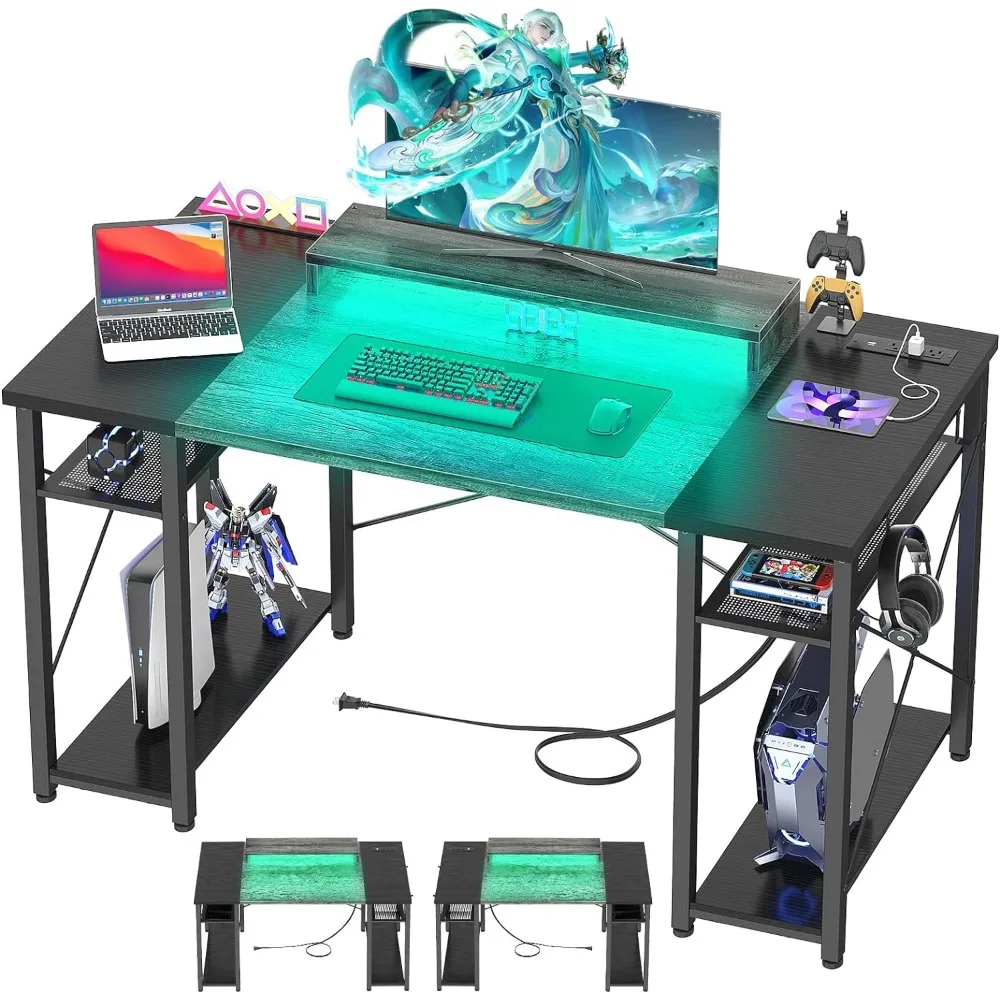 48''Gaming Desk with LED Light, Computer Desk with Charging Station, Monitor Stand, Power Outlet and USB, LED Light and Storage