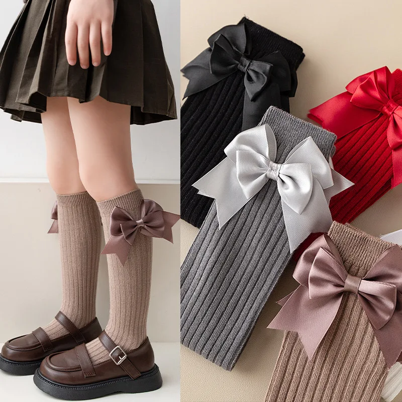 

1 Pairs Girls Knee High Sock Spring Summer Baby Kids Toddlers Long Cotton Socks Students Large Bow Childrens Lolita Style Socks