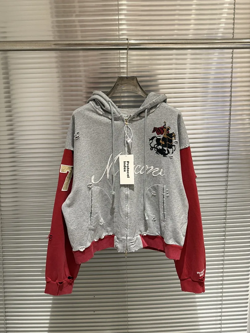 25FW Fashion Brand Russia Limited Hoodie Vintage Washed Distressed Knight Horse Embroidery Oversized Zip Up Sweatshirt