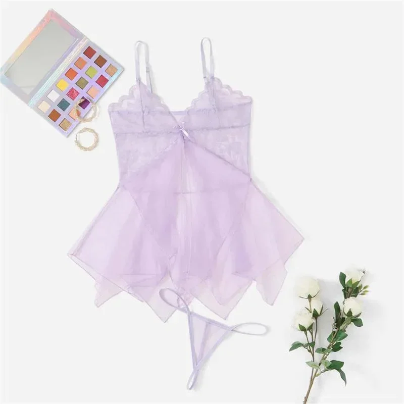 New Women Underwear Sexy Hot Mesh Perspective Cute Tulle Nightdress Seductive Lingerie Set Flirty Transparent Tempting Nightgown