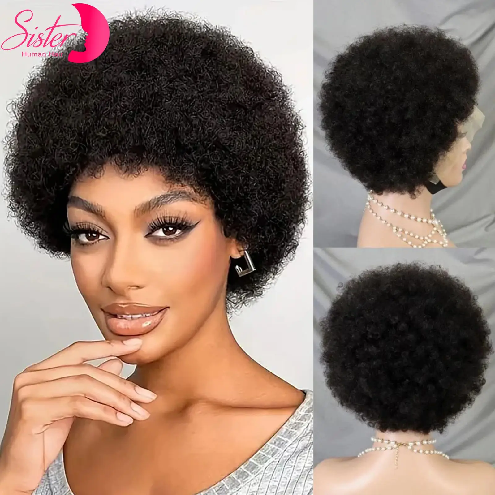 

Short Afro Kinky Curly Human Hair Wigs 200% 13x4 Transparent Lace Frontal Bocuncy Curly Human Hair Bob Wigs for Black Women