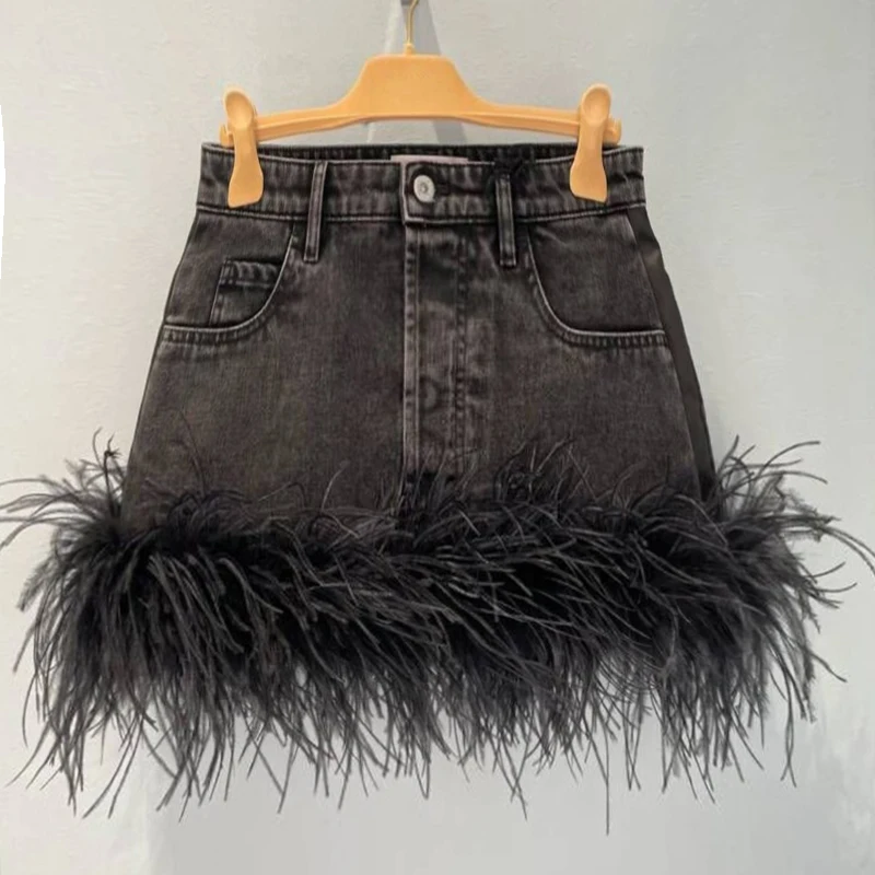 

Miu Home's New Ostrich Feather Black Denim Patchwork A-Line Skirt Versatile Early Spring Fashionable Short Skirt