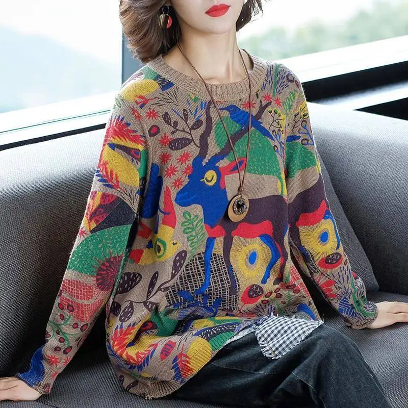 

Vintage Printed Spliced O-Neck Loose Casual Blouse Women's Clothing 2022 Autumn New Korean Pullovers All-match Commute Shirt