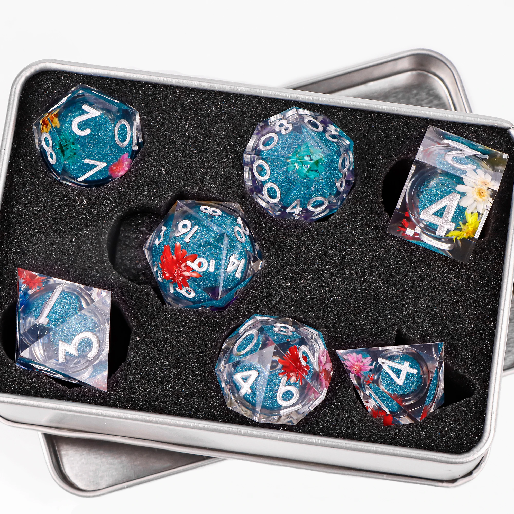 الراتنج DND مجموعة نرد زهرة السائل الأساسية لعب الأدوار النرد، النرد الأزرق للزنزانات والتنينات حافة حادة D & D مجموعة النرد