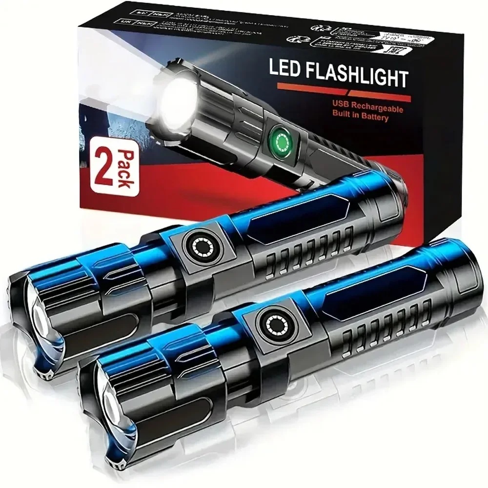 Ultra Bright LED Flashlights Portable Type-C Rechargeable Long Range Zoom Torch 2000LM Outdoor Tactical Lantern Camping Fishing