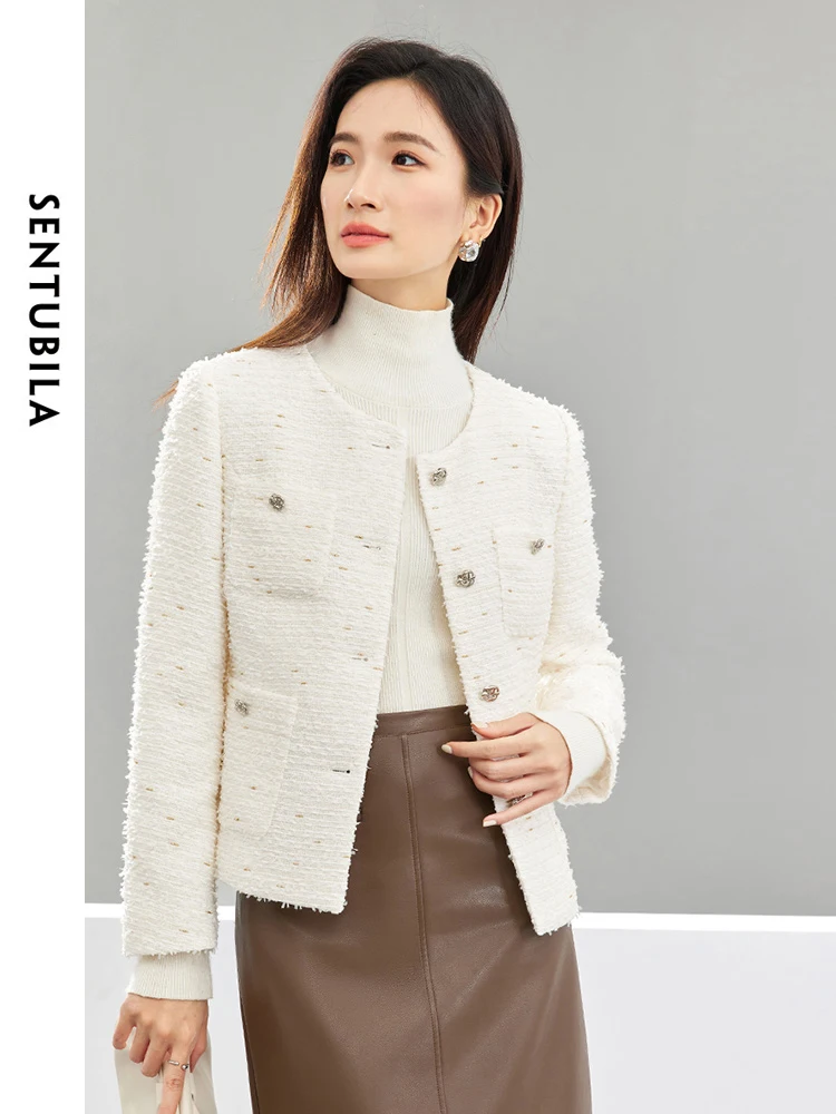 SENTUBILA Women White Tweed Jackets 2024 Fashion Multi-pocket Straight-cut Long Sleeve Short Coat Female Outerwear 141W52780