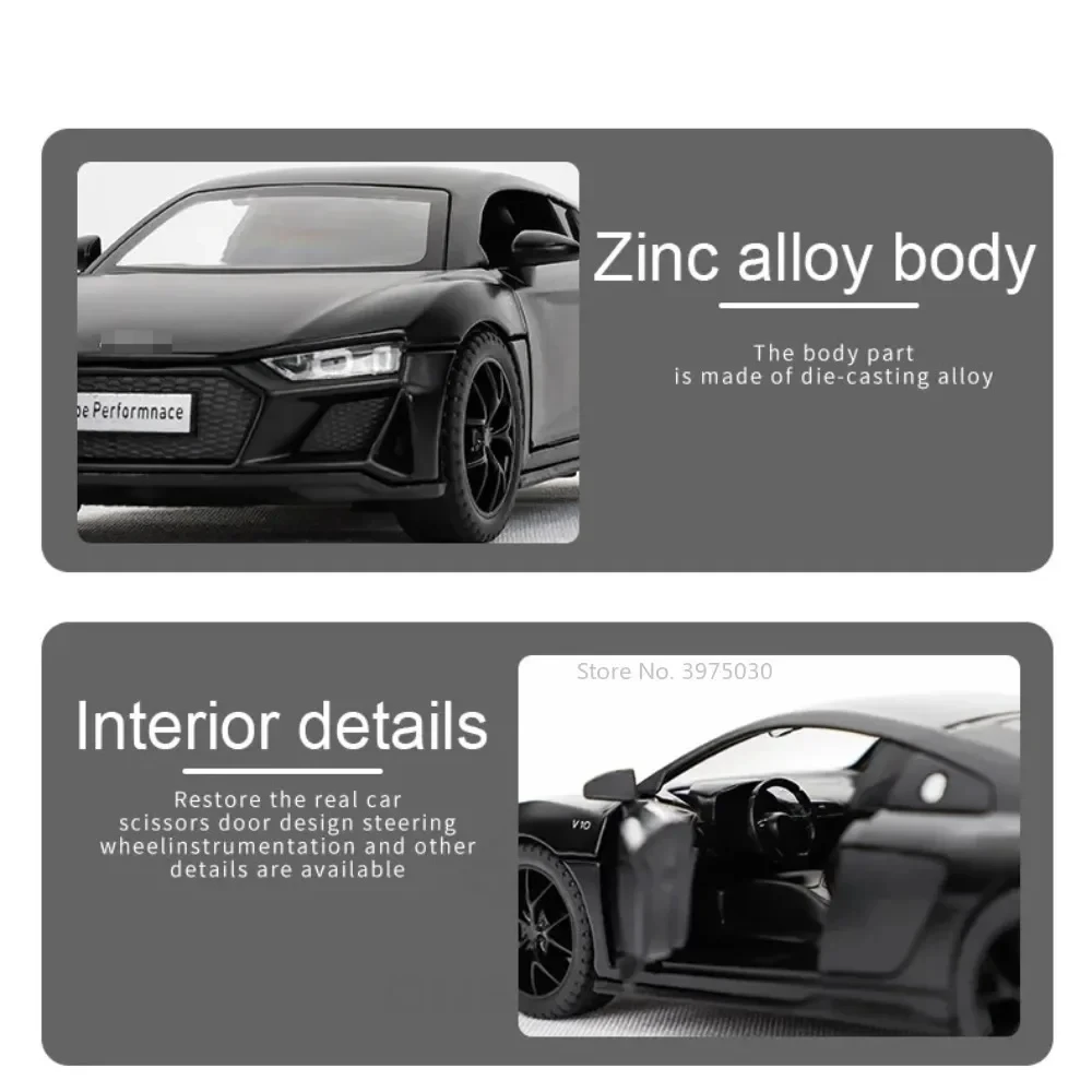 1:32 AUDI R8 Sports Car Alloy Toy Model Metal Diecast Scale Vehicles with Light Sound Doors Can Be Open Toy for Boys Gifts