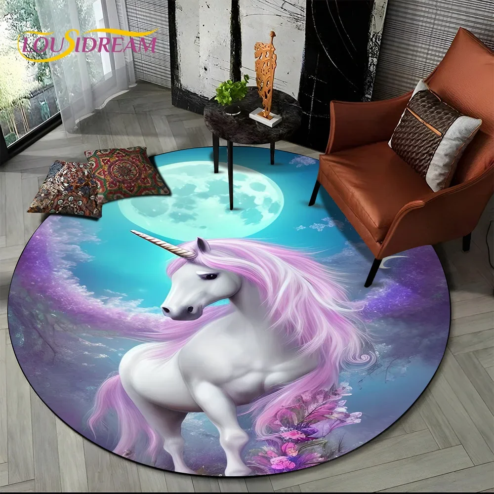 3D Cute Dream Unicorn Cartoon Girl Round Carpet Rug for Living Room Bedroom Sofa Decor,Kids Pet Area Rug Non-slip Floor Mat Gift