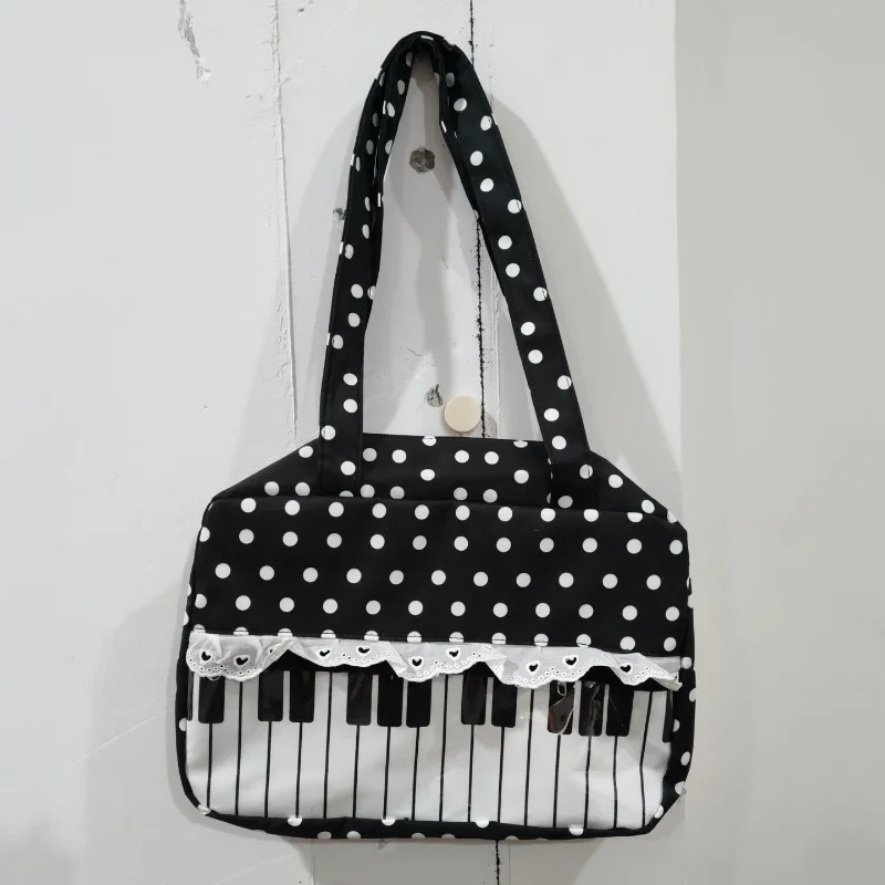Musical Note Tote Bag Piano Keyboard Print Sweet Lace Trim Bow Decor Shoulder Bag Girls' Retro Polka Dot Large Capacity Handbag