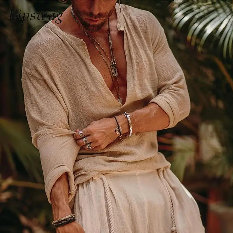 Vacation Seaside Beach Casual Linen Tops Mens Vintage Deep V Neck Loose T-shirts Men Spring Daily Casual Solid Color Pullovers
