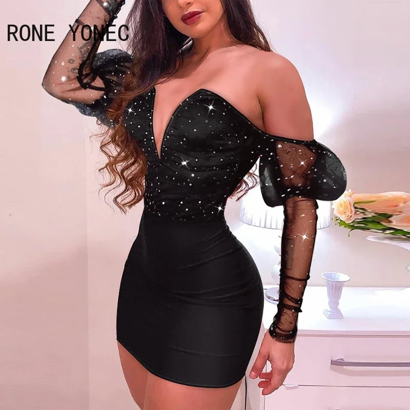 Kobiety Sexy głębokie V z dekoltem, bez ramienia rękawy typu lampion Rhinestone Mini Bodycon Party czarne sukienki