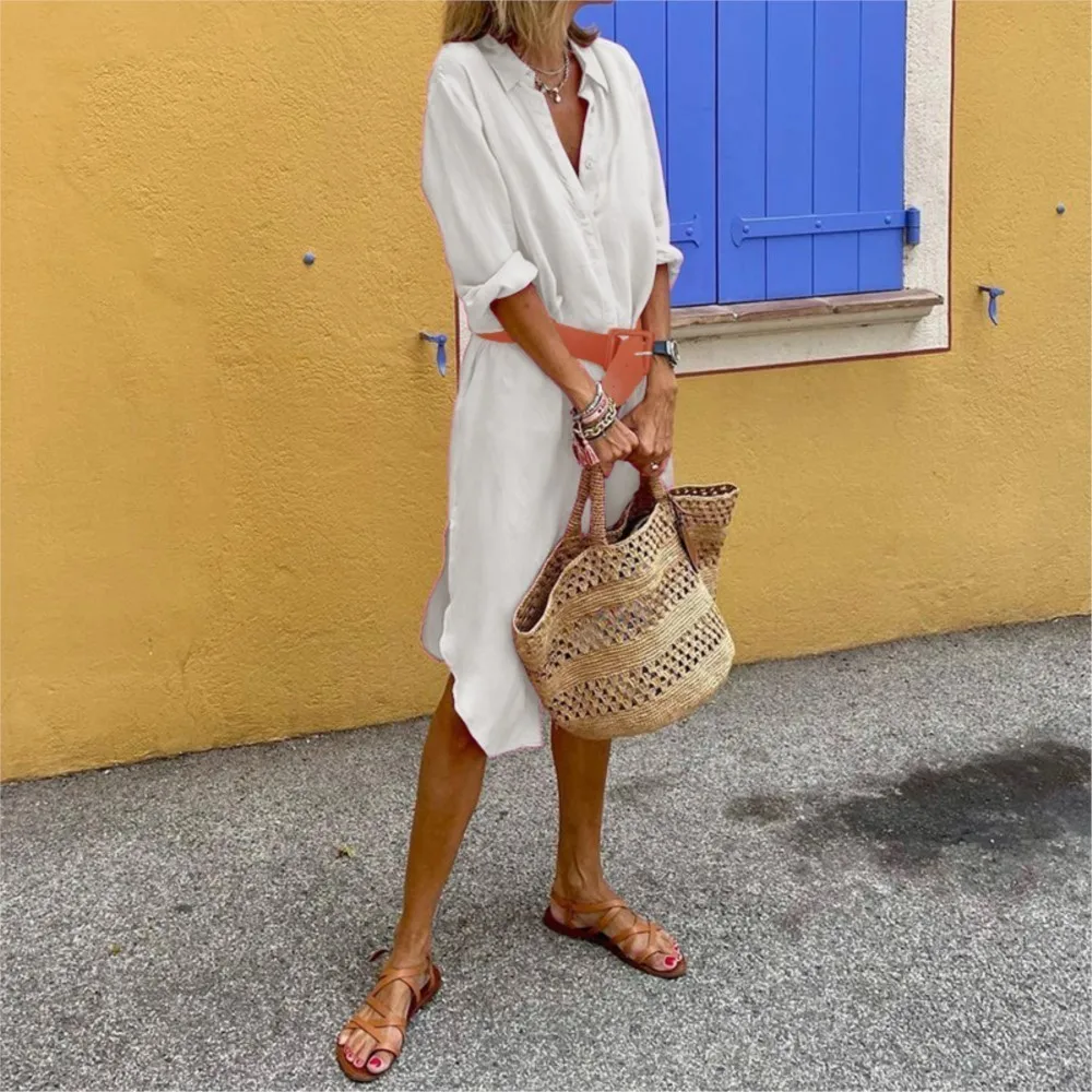 Robe ample décontractée pour femmes, nouvelle collection printemps-automne, à la mode, élégante, couleur unie, revers avec boutons, chemise, 2025