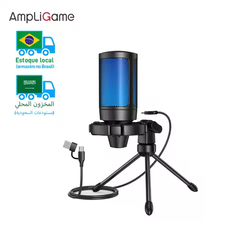 AmpliGame Microfone para PC Gaming para PS4/5,Plug&Play Mic USB With RGB lig, Adequado para Podcasters/Jogadores/Influenciadores