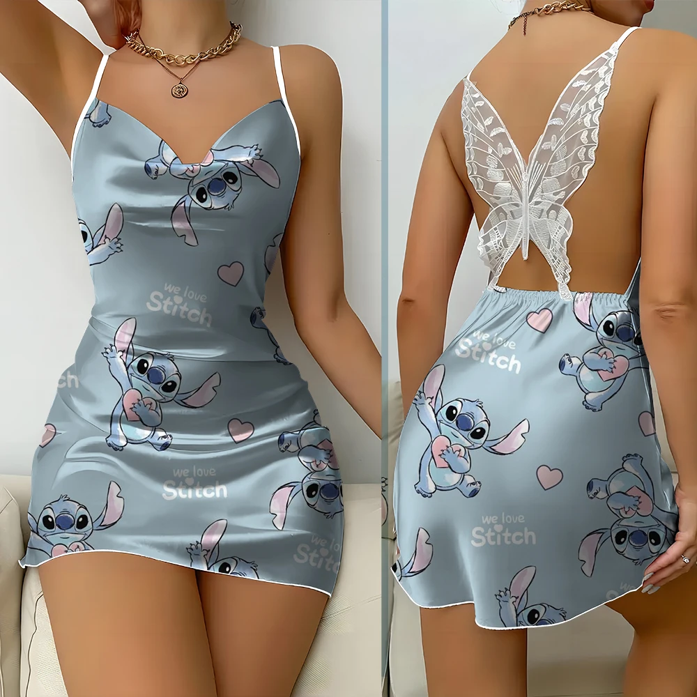 

Summer new women Disney butterfly lace backless dress print Stitch home nightgown sexy simple suspender nightdress