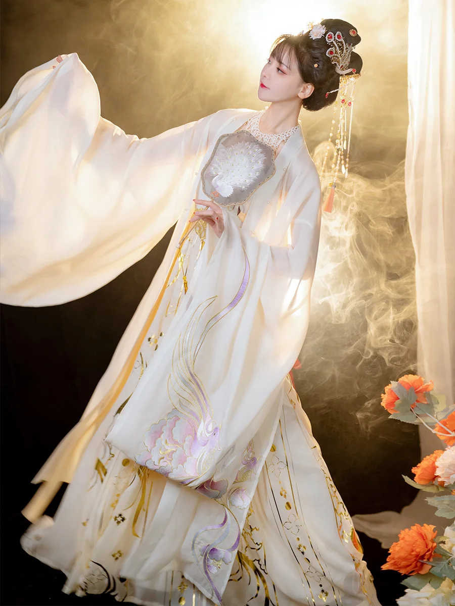 Tang style Hanfu women's clothing, Chinese style white Hezi skirt, original heavy industry long sleeved shirt, summer