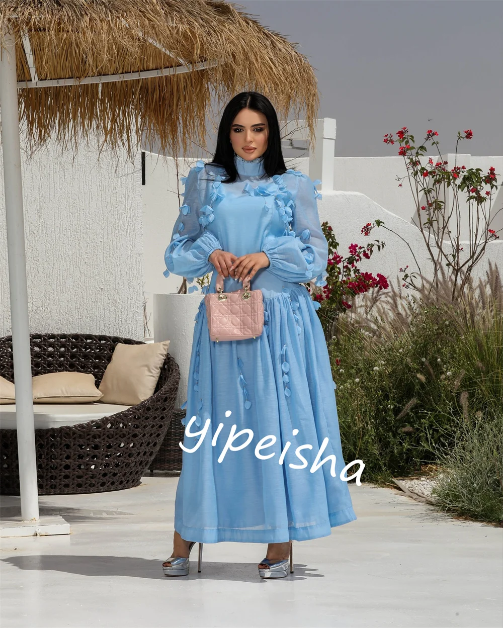 Maßgeschneiderte Chiffon-Applikation zum Geburtstag, A-Linie, hoher Kragen, maßgeschneidertes Anlasskleid, Midi-Kleider, Saudi-Arabien