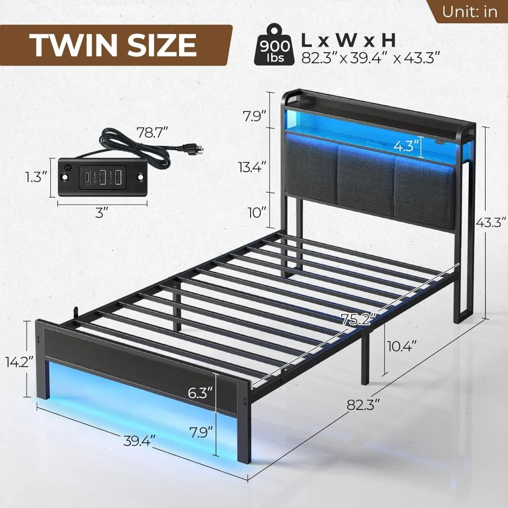 Bed Frame Twin Size with Charging Station and LED Lights, Upholstered Headboard with Storage Shelves, Heavy Duty Metal Slats