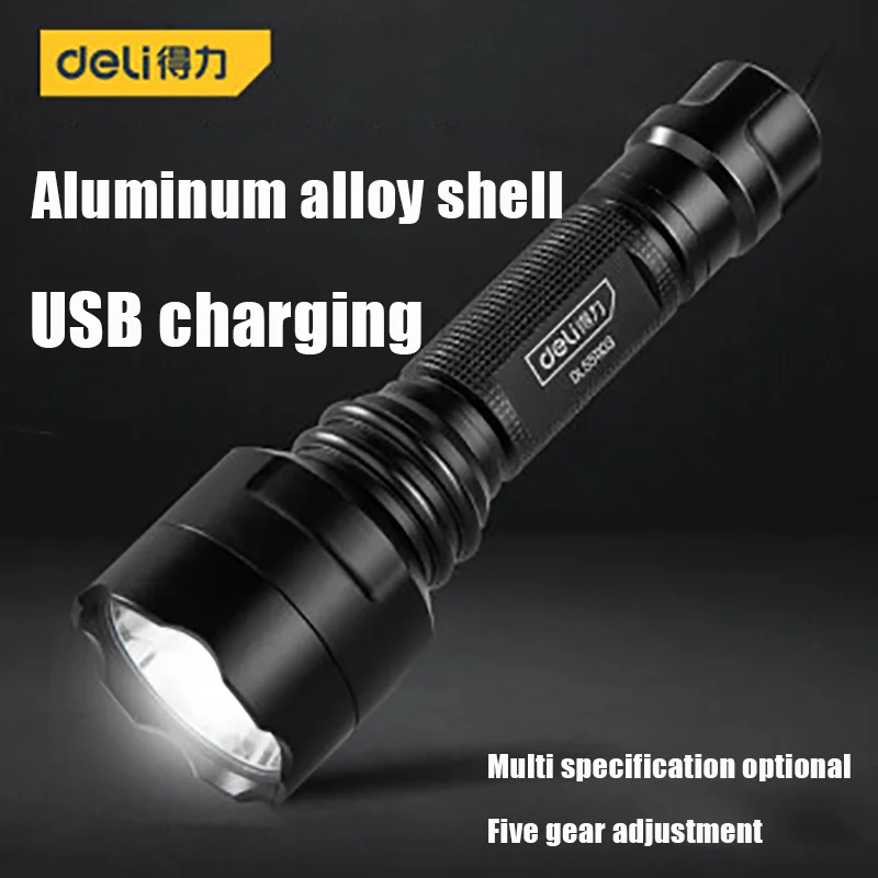 DELI DL551103 LED Strong Light Rechargeable Flashlight USB 5 Modes Long Time Outdoor Camping Powerful Flashlight