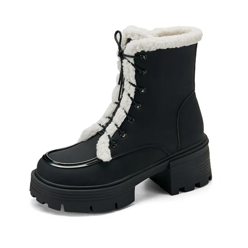

New Minimalist Cross Strap Warm Plush Short Boots Autumn Winter Hot Girls Thick Sole 6.5cm Thick High Heels Women's Boots 34-43