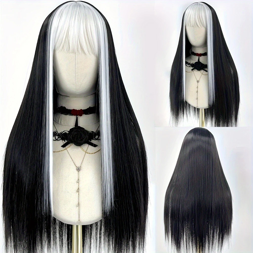 

Black and White Long Straight Woman Wig 26inch Button Net High-temperature Silk Europe and America Fashion Lolita Cosplay Wig