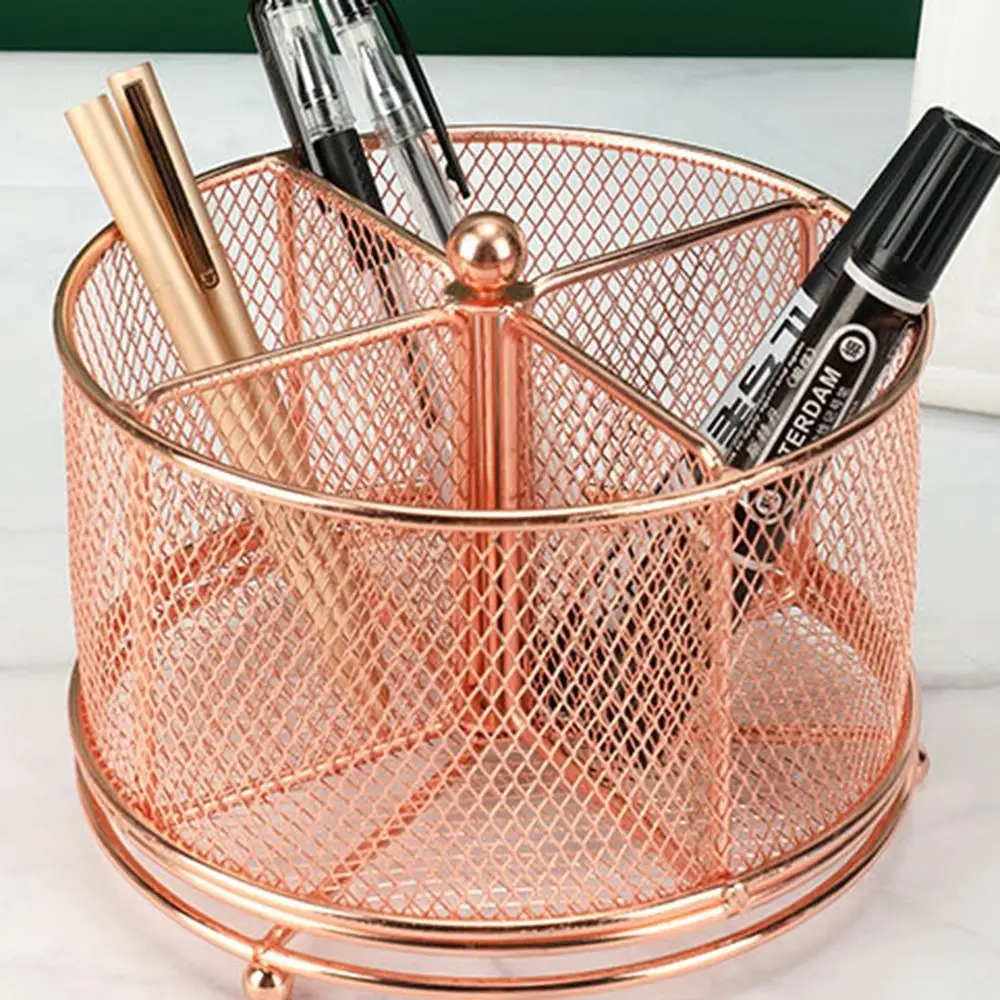 Metal 360° Rotating Mesh Pencil Holder 4 Compartments Creative Makeup Brush Storage Bucket Hollowed-out Multi-Purpose