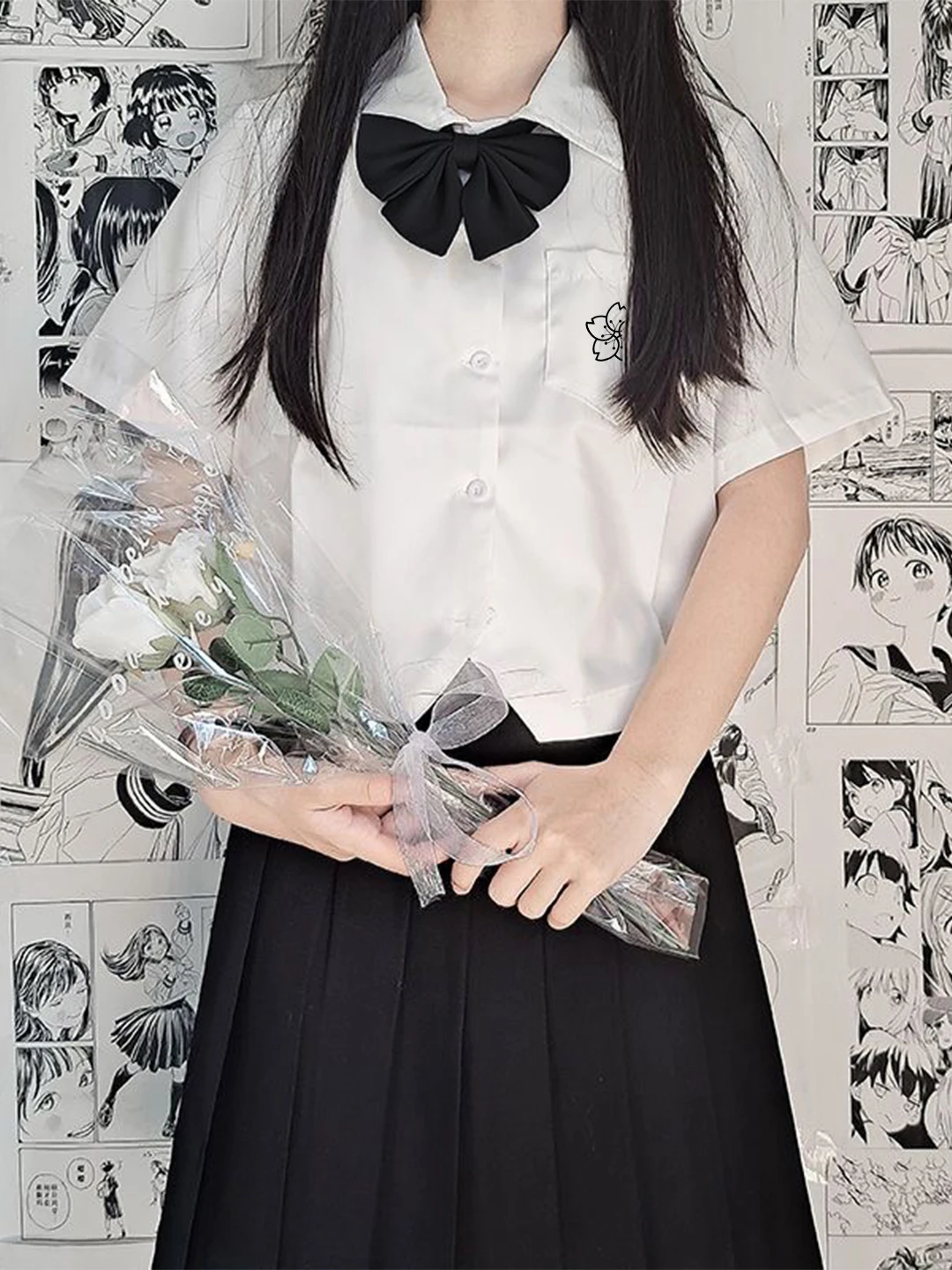 الأبيض ort Sve irt JK orm Sle بلوزة صيفية صغيرة الحجم للمدرسة orm منقوشة تنورة مجموعة سيدة تخفيف Sle
